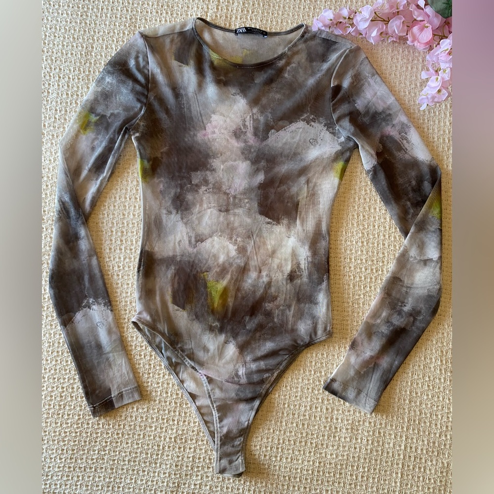 Zara Abstract Mesh Long Sleeve Bodysuit Size S